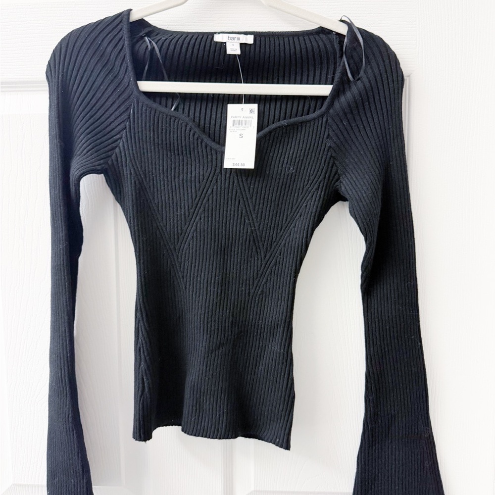 Bar III Black Ribbed Long-Sleeve Women's Top